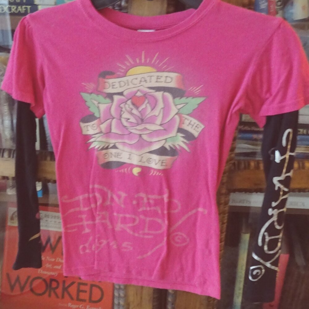 VTG ED HARDY DESIGNS HOLLYWOOD KIDS girls LONG SLEEVE TEE silver metallic back6X